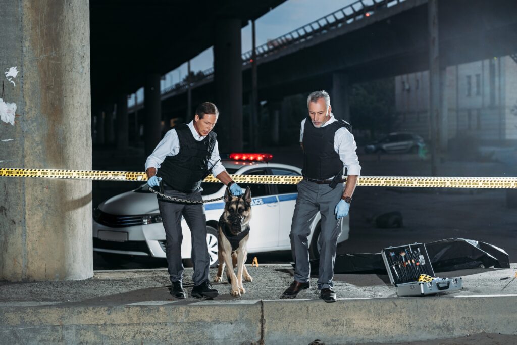 police officers with german shepherd on leash near cross line at crime scene